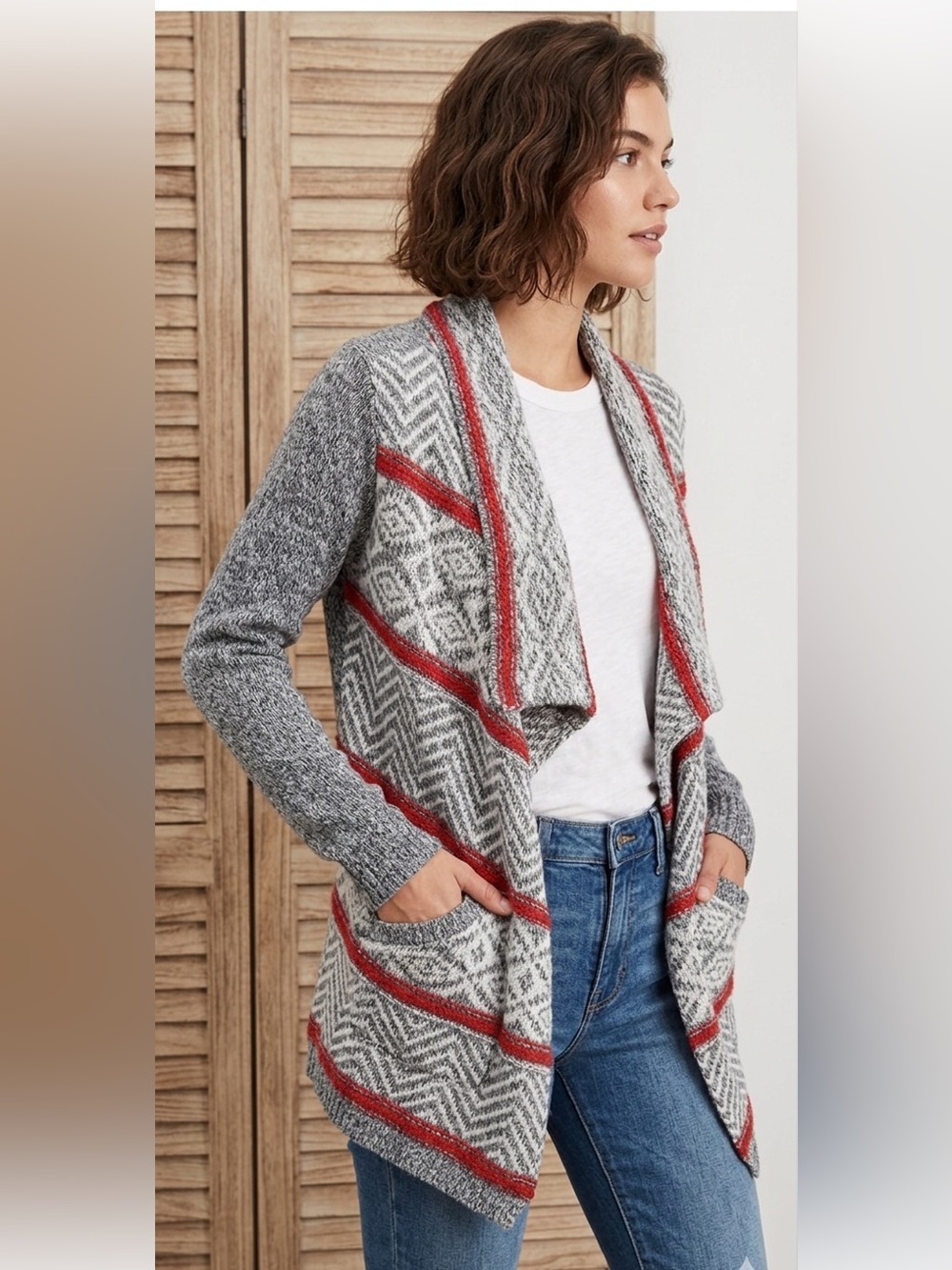 American Eagle Outfitters Gray Red Patterned Women's Open Cardigan Size XS